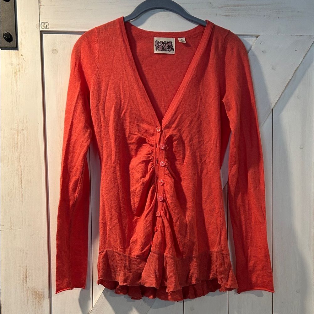 Anthropologie Rose Neira Persimmon Button-Front Ruffled Cardigan Wool Cotton XS